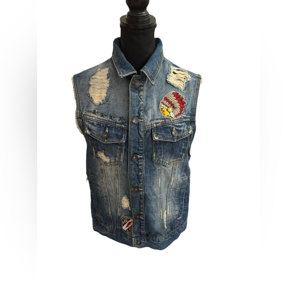 Jordan Craig Denim Distressed Biker Vest Large